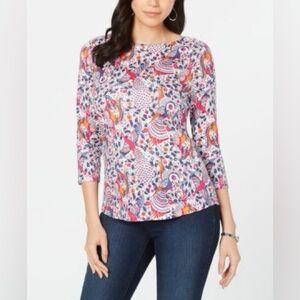 Charter Club Pima Cotton Bohemian Phoenix Paisley Boat Neck 3/4 Sleeves Top 1X